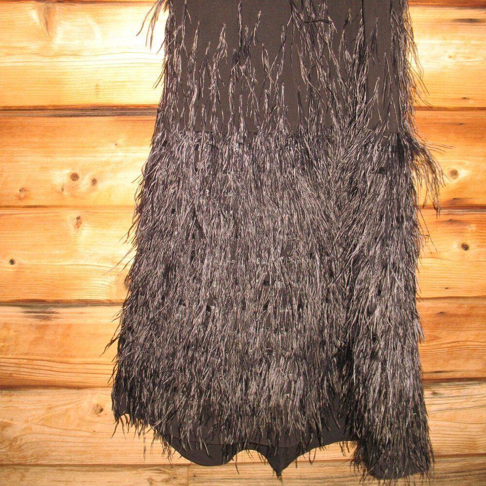 MAC DUGGAL  11839 Black Jersey Long Sleeve High Neck Feather Gown - Picture 12 of 16